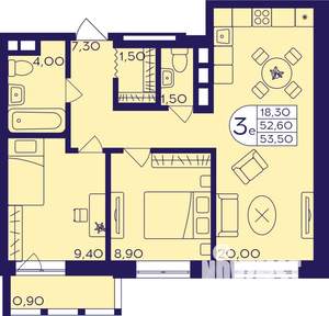 3-к квартира, строящийся дом, 54м2, 13/22 этаж
