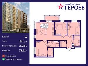 3-к квартира, вторичка, 71м2, 14/17 этаж